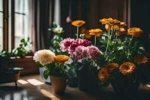 flowers in pots on a table in front of a window. AI-Generated photo