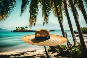 un Paja sombrero en el playa. generado por ai foto