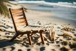 un de madera silla se sienta en el playa cerca el océano. generado por ai foto