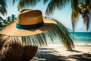 un sombrero en un palma árbol en el playa. generado por ai foto