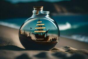 a bottle with a ship inside of it on the beach. AI-Generated photo