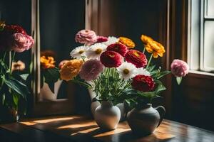 flores en floreros en un ventana umbral. generado por ai foto