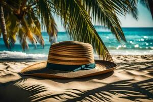 a hat on the beach with palm trees. AI-Generated photo