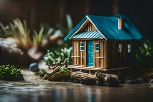 a miniature house sits on a small pond. AI-Generated photo