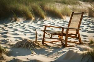 un silla se sienta en el arena en frente de un herboso área. generado por ai foto