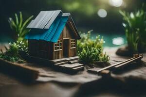 a miniature house on the beach with grass and trees. AI-Generated photo