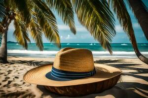 a hat sits on the sand near palm trees. AI-Generated photo