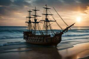 un pirata Embarcacion en el playa a puesta de sol. generado por ai foto