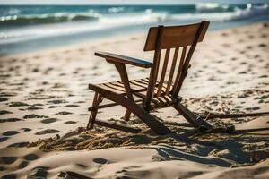 a wooden chair sits on the beach near the ocean. AI-Generated photo