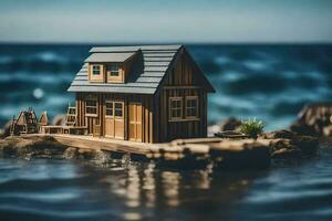un miniatura casa en un rock en el océano. generado por ai foto