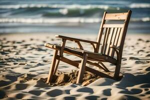 a wooden chair sits on the sand near the ocean. AI-Generated photo