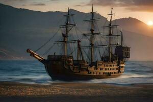 a pirate ship on the beach at sunset. AI-Generated photo