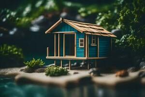 a miniature house on a small island surrounded by trees. AI-Generated photo