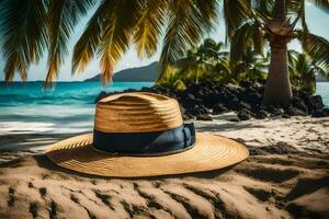 a hat sits on the sand near the ocean. AI-Generated photo