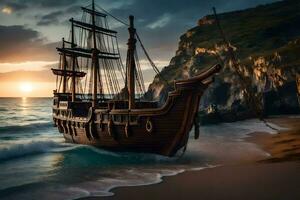 a pirate ship on the beach at sunset. AI-Generated photo