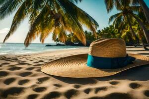 un Paja sombrero en el playa. generado por ai foto