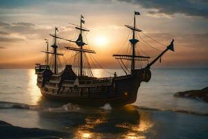 a pirate ship is sailing on the ocean at sunset. AI-Generated photo