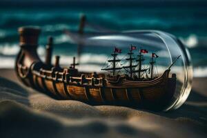 ship in a bottle on the beach. AI-Generated photo