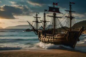 pirate ship on the beach. AI-Generated photo