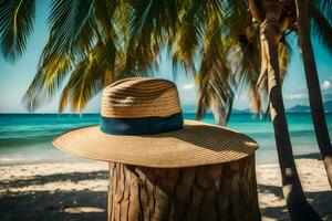 a straw hat sits on a wooden post near the ocean. AI-Generated photo