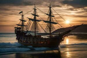 a pirate ship is sailing on the ocean at sunset. AI-Generated photo