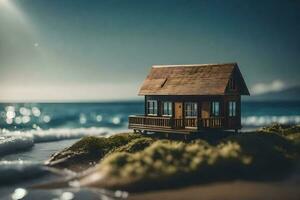 un miniatura casa en el playa. generado por ai foto