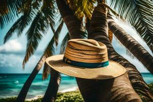 a hat sits on a palm tree near the ocean. AI-Generated photo