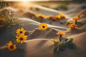 photo wallpaper the sun, flowers, sand, flowers, the desert, flowers, the desert,. AI-Generated