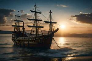 a sailing ship in the ocean at sunset. AI-Generated photo