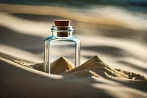 message in a bottle in the sand. AI-Generated photo