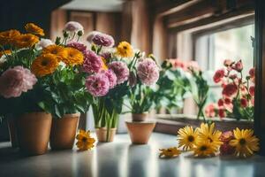 flowers in pots on a windowsill. AI-Generated photo