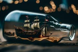 a ship in a bottle with sand and sand. AI-Generated photo