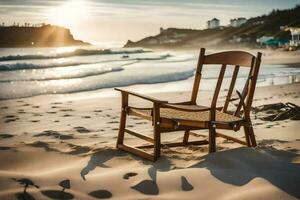 un balanceo silla se sienta en el playa a puesta de sol. generado por ai foto
