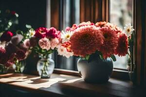 flowers in vases on a windowsill. AI-Generated photo