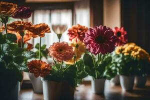 colorful flowers in vases on a table. AI-Generated photo