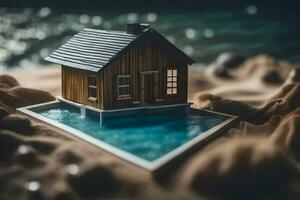 un miniatura casa se sienta en el arena cerca el agua. generado por ai foto