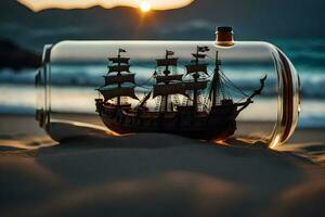 a ship in a bottle on the beach. AI-Generated photo