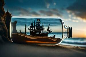 a bottle with a ship inside is on the beach. AI-Generated photo