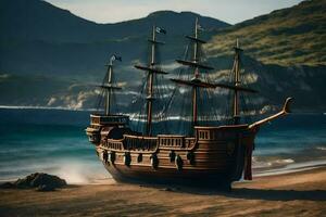 a pirate ship on the beach near the ocean. AI-Generated photo