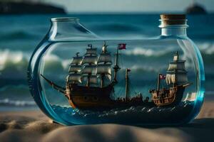 a ship in a bottle on the beach. AI-Generated photo