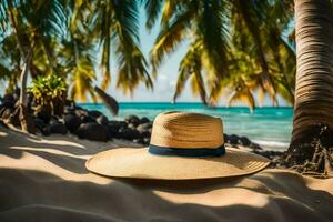 a straw hat on the beach. AI-Generated photo