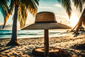 un Paja sombrero en un de madera enviar en el playa. generado por ai foto