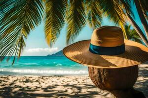 a hat on a coconut tree on the beach. AI-Generated photo