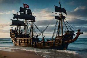 a pirate ship is on the beach near the ocean. AI-Generated photo