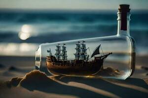 ship in a bottle on the beach. AI-Generated photo