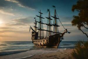 a pirate ship on the beach at sunset. AI-Generated photo