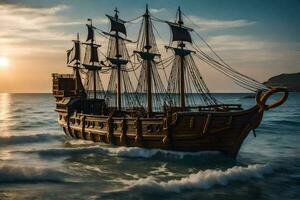 a wooden pirate ship in the ocean at sunset. AI-Generated photo