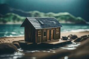 a miniature wooden house on the beach. AI-Generated photo