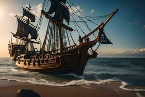 a pirate ship is sailing on the ocean. AI-Generated photo