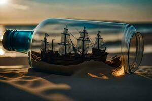 ship in a bottle, sand, beach, sunset, sunset, sand, sand dunes,. AI-Generated photo